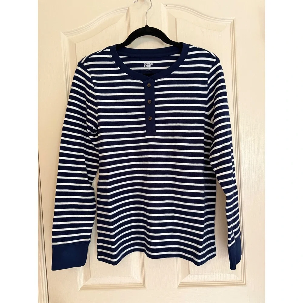 Lands End Womens Waffle Sleep Shirt Navy Ivory‎ Stripe Henley Small NWT